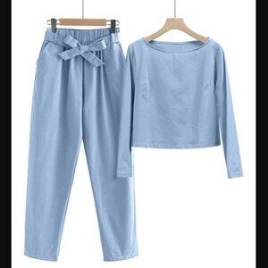 Blue Boatneck Long-Sleeve Top & Tie-Waist Pants